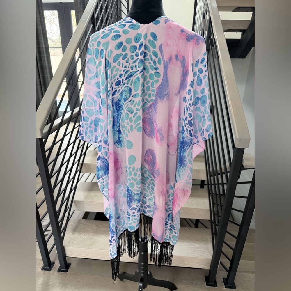 New Bohemian Beach Vacation Pink and Blue Shawl Kimono Cover up with Fringe - Picture 5 of 6